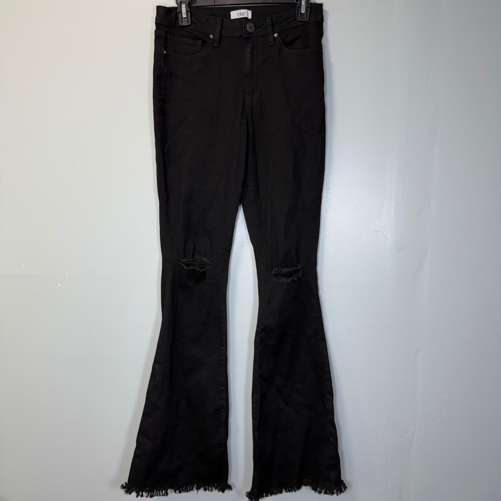 YMI Jeans USA Womens Black High Rise Distressed Flare Bell Bottom Jeans Sz 7/28